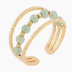 Fashion Balaboosté Bague 3 rangs en acier inoxydable avec pierre de Jade - doré et vert
